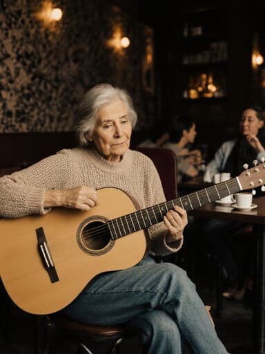 아늑한 카페에서 니트 스웨터와 청바지를 입고 있는 60대 라틴계 여성이 기타를 바라보며 한 손으로 줄을 조정하는 모습의 반신 샷. 주변에는 다른 손님들과 커피잔이 어우러져 따뜻한 분위기를 자아냅니다.