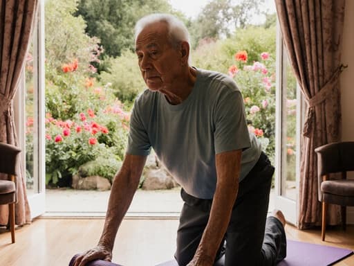 편안한 요가 복장을 입고 무관심한 표정을 지은 80대 혼혈 남성이 아름답게 꾸며진 거실에서 요가 매트를 펼치고 있는 반신 촬영. 정원과 연결되어 있어 평온함과 여유로움을 전달합니다.