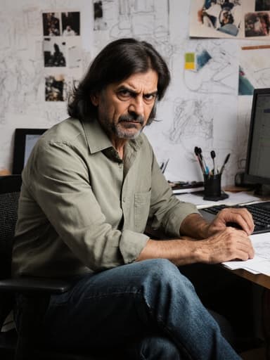 50대 중동계 남성이 장발을 하고 자연스러운 외모로 반신 촬영된 모습입니다. 그는 디자인 스튜디오의 어지러운 책상에 앉아 화난 표정을 짓고 있으며, 캐주얼한 셔츠와 청바지를 입고 팔짱을 끼고 다리를 뻗고 컴퓨터와 상호작용하고 있습니다. 다양한 디자인 도구와 스케치가 놓인 배경은 창의적인 과정의 도전과 열정을 담고 있습니다.
