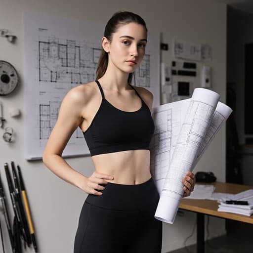 편안한 운동복을 입은 10대 후반의 유럽계 여성은 현대적인 설계실에서 자신감 있게 서 있으며, 설계 도면을 들고 있습니다. 배경에는 다양한 설계 도구와 도면이 있어 창의적이고 혁신적인 분위기를 자아냅니다.
