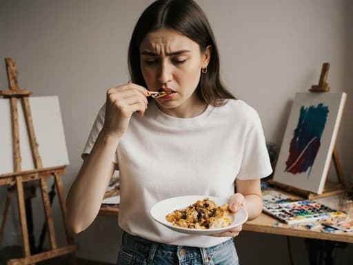 20대 유럽계 여성이 편안한 티셔츠와 청바지를 입고, 음식을 담은 접시를 들고 한 입 먹으려는 자세에서 약간 짜증난 표정을 짓고 있습니다. 배경은 캔버스와 그림 도구가 놓인 창작 공간으로, 친근하고 예술적인 분위기를 자아냅니다.