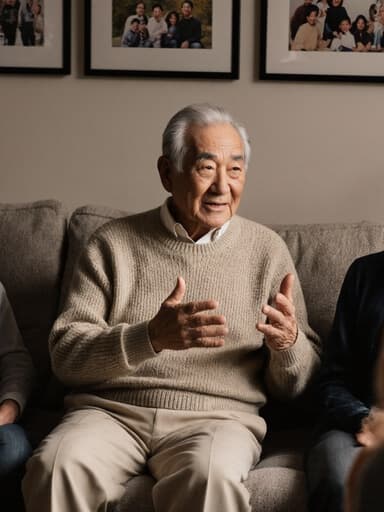 70대 아시아계 남성이 자연스러운 세월의 흔적을 지닌 모습으로, 따뜻하고 지혜로운 표정을 짓고 있습니다. 그는 편안한 니트 스웨터와 면바지를 입고 아늑한 거실의 소파에 앉아 있습니다. 가족과 대화하며 손짓을 하며 이야기를 나누고 있습니다. 배경에는 가족 사진이 걸려있어 가족의 유대감을 잘 드러내는 따뜻하고 초대하는 분위기를 형성하고 있습니다.