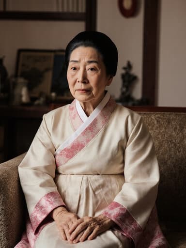 70대 동양인 여성이 전통 한복을 입고 아늑한 거실의 소파에 앉아 있는 반신 사진입니다. 그녀의 손은 무릎 위에 놓여 있고, 걱정스러운 표정을 지으며 따뜻하면서도 사색적인 분위기를 자아냅니다.