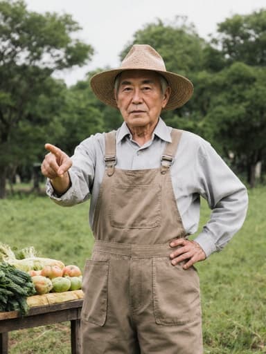 60대 한국인 남성이 전통 농부 의상을 입고, 농작물을 가리키며 자신 있게 서 있는 모습의 반신 촬영.