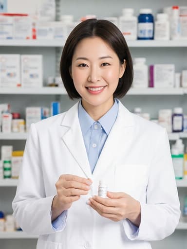 자연스러운 외모를 가진 40대 한국인 여성의 반신 샷으로, 약사 복장인 흰색 가운과 깔끔한 블라우스를 입고 매력적인 미소를 지으며 약품을 들고 달리는 모습이 조제실의 깔끔하고 정돈된 환경을 배경으로 펼쳐집니다.