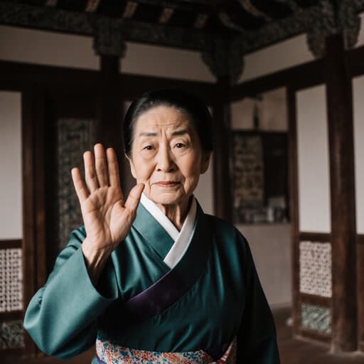 이미지는 80대의 동양인 여성의 전통 한복을 입고 있는 모습을 담고 있습니다. 그녀는 한국의 전통 장식이 있는 거실에서 서 있으며, 불편한 표정을 지으며 손을 가볍게 흔들고 있습니다. 배경의 풍부한 문화유산이 그녀의 복장과 잘 어우러져 따뜻한 환대의 정신을 반영하는 분위기를 만들어냅니다.