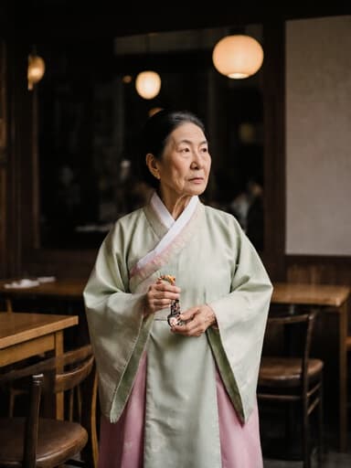 아늑한 카페 내부에서 작은 전통 공예품을 들고 걸어가는 80대 혼혈 여성의 전신 샷. 그녀는 주름이 있는 얼굴에 지혜와 외로움을 드러내며 따뜻한 조명과 나무 가구들로 둘러싸인 전통 한국의 한복을 입고 있습니다.
