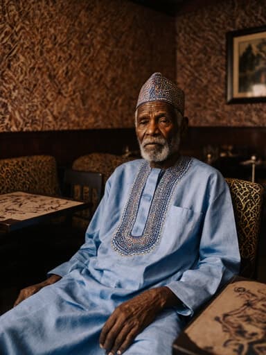 이미지에는 전통 의상을 입고 편안하게 스트레칭하는 70대 아프리카 남성이 카페 내부에서 전통 아프리카 문양을 배경으로 하여 차분하고 무관심한 표정을 짓고 있습니다.