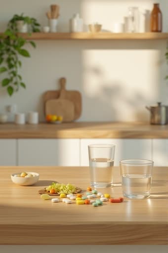 깨끗한 나무 테이블 위에 다양한 색상의 알약과 투명한 물이 담긴 유리컵이 놓여 있으며, 부드러운 조명이 비치는 주방에 배경이 설정되어 있습니다. 분위기는 평온함과 건강을 전달하며, 시청자에게 웰빙 루틴을 고려하도록 초대합니다.