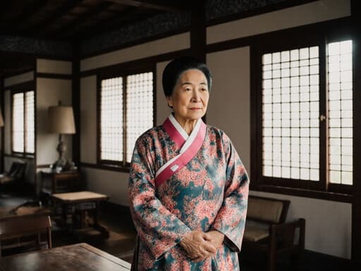 70대 한국인 여성이 전통 한복을 입고, 가슴 앞에 두 손을 모으고 인사하는 자세를 취하며 지루한 표정을 짓고 있는 반신 샷. 배경은 한지 창과 소박한 가구가 있는 전통 한국 거실로, 문화적으로 풍부한 분위기를 자아냅니다.