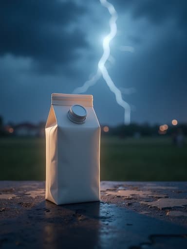 번개가 치는 밤하늘에 있는 우유 팩, 극적인 조명