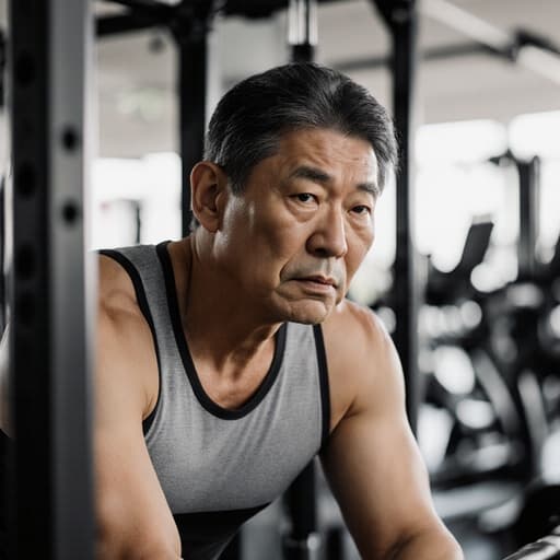 40대 아시아계 남성이 트렌디한 운동복을 입고 헬스장 기구 옆에 서서 약간 앞으로 기울어져 절망한 표정을 짓고 있는 모습의 반신 촬영, 밝은 헬스장 배경과 함께 건강 관리에 대한 고민을 표현하고 있습니다.