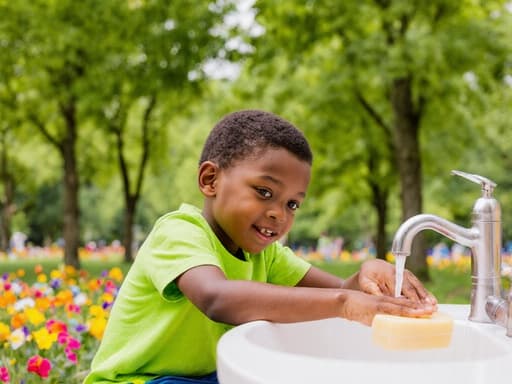 7세 흑인 남성이 귀여운 외모로 호기심 어린 표정을 지으며 손을 씻고 있는 반신 사진. 그는 밝은 색상의 티셔츠와 반바지를 입고, 공원에 있는 테이블에서 비누를 들고 있으며, 푸른 나무와 꽃들이 어우러진 배경에서 즐거운 분위기를 풍깁니다.
