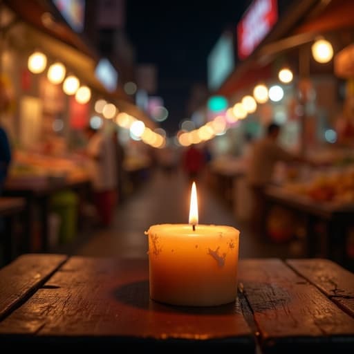 촛불, 따뜻한 빛, 미세한 밀랍 질감, 분주한 야시장에서 나무 테이블 위에 놓여 있으며, 다채로운 가판대와 부드러운 빛을 발산하고 있는 분위기, 야간 감성.