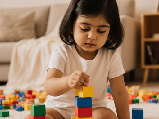 3세 중동계 여성 어린이가 반신 촬영으로 포착되었습니다. 편안한 티셔츠와 반바지를 입고 졸린 표정을 지으며, 한 손에 다채로운 블록을 들고 쌓을 준비를 하고 있습니다. 배경의 아늑한 거실은 부드러운 조명 아래 다양한 장난감들이 흩어져 있어 따뜻하고 초대하는 분위기를 연출하며, 그녀의 순수함과 장난기 있는 모습을 강조합니다.