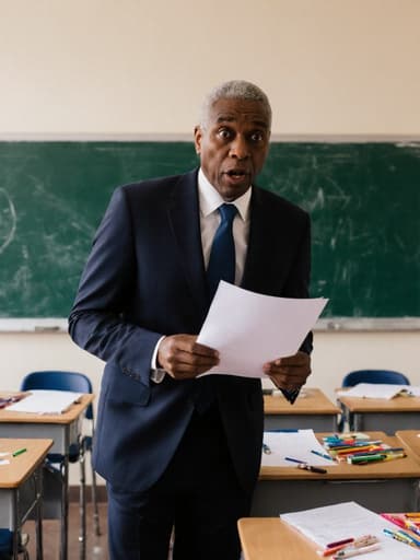 정장 차림의 40대 아프리카계 남성이 시험지를 들고 몸을 약간 앞으로 기울이며 놀란 표정을 짓고 있는 모습으로, 칠판과 책상이 있는 교실에서 예상치 못한 학업의 깨달음을 포착하고 있습니다.