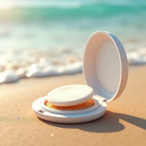 선케어 쿠션, 파도가 몰아치는 따뜻한 모래 해변, 맑고 상쾌한