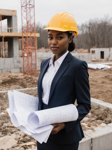 자신감 넘치는 아프리카계 10대 소녀가 분주한 건설 현장에서 반신 촬영으로 서 있습니다. 세련된 사무복과 안전모를 착용하고 도면을 손에 들고 있으며, 배경에서는 기초 공사가 진행되고 있어 우아함과 자신감을 발산하고 있습니다.