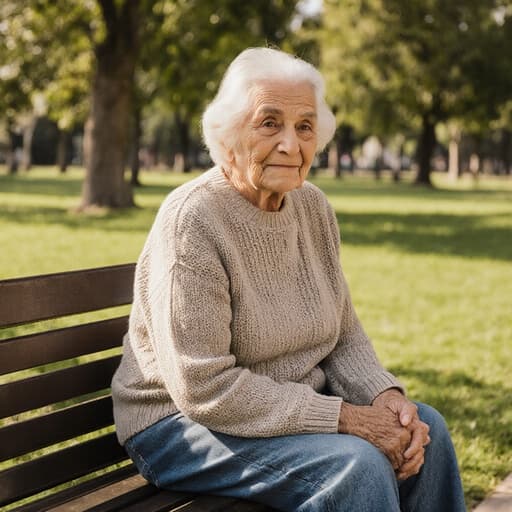 이 이미지는 80대 중동계 여성 한 분이 따뜻한 햇살 아래 공원 벤치에 앉아 있는 모습을 보여줍니다. 그녀는 자연스러운 외모와 주름, 친근한 미소를 지니고 있습니다. 편안한 니트 스웨터와 청바지를 입고 무릎에 손을 얹고 있으며, 편안한 자세를 취하고 있습니다. 배경은 푸른 잔디와 나무들이 있는 평화로운 공원 풍경으로, 고요한 분위기를 만들어냅니다.