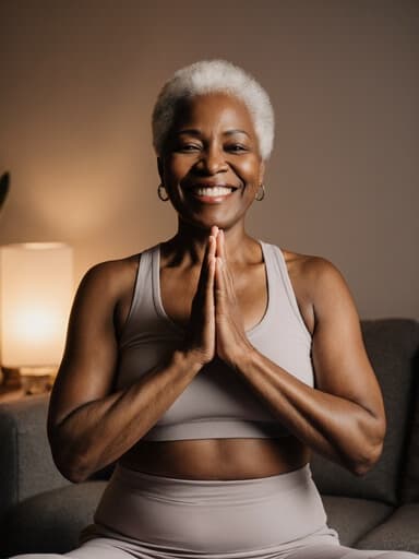 50대의 흑인 여성의 반신 사진으로, 편안한 요가복을 입고 손을 합장하며 요가 자세를 취하고 있습니다. 따뜻하고 아늑한 거실 배경 속에서 친근하고 초대하는 분위기를 발산합니다.