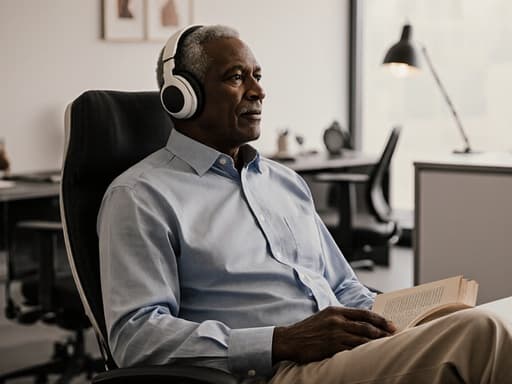 50대의 차분한 표정을 가진 흑인 남성이 헤드폰을 착용하고 책을 들고 음악에 몰입하고 있는 모습의 반신 사진, 세련된 현대 사무실 공간에서 촬영되었습니다.