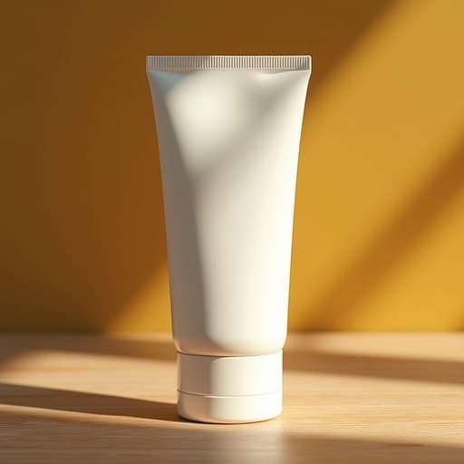 나무 표면 위의 자외선 차단제, 따뜻한 오후 햇살.