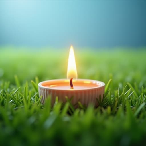 티라이트 캔들, 맑은 하늘, 푸른 잔디밭, 평화로운, 차분한, 자연적인 분위기
