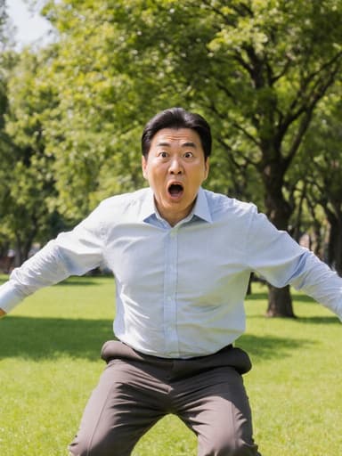40대 동양인 남성이 캐주얼 셔츠와 바지를 입고 놀란 표정으로 점프하는 모습의 전신 사진, 햇살이 잘 드는 공원에서 푸른 나무와 잔디가 어우러진 장면.