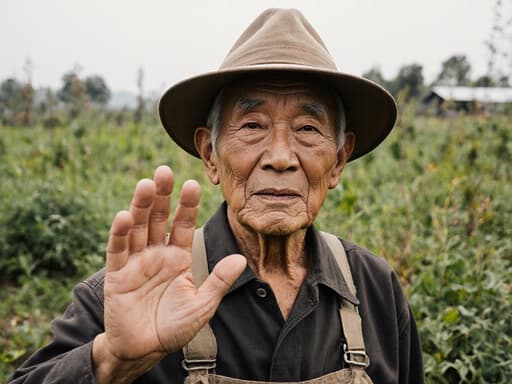 전통적인 농부 의상을 입은 60대 동양인 남성이 푸르른 농장 배경 앞에 서 있습니다. 그의 자연스러운 외모와 불안한 표정, 인사하는 손짓이 그의 작업과 주변 환경과의 연결을 나타냅니다.