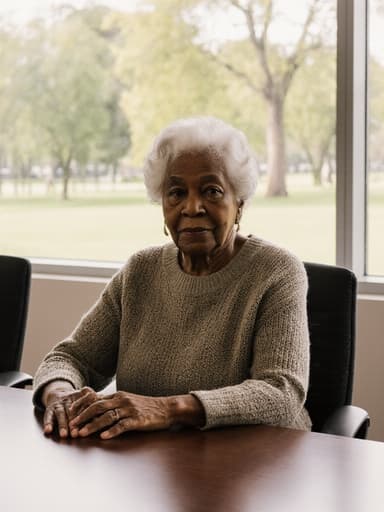 80대 아프리카계 여성의 반신 상반신 샷으로, 자연스러운 외모를 가진 그녀는 편안한 니트 스웨터와 바지를 입고 회의 테이블에 앉아 손을 자연스럽게 테이블 위에 두고 있습니다. 그녀는 주변에 대해 무관심한 표정을 지으며, 뒤의 창을 통해 보이는 평화로운 공원 풍경이 함께 담겨 있습니다.