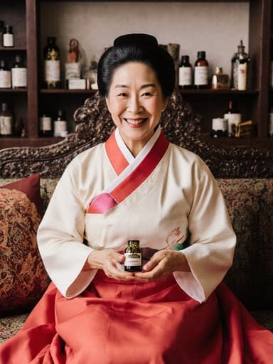 50대 아프리카계 여성이 전통 한복을 입고 소파에 편안하게 앉아 약재를 들고 있으며, 한방 약재와 치료 도구들로 가득한 전통 한의원의 따뜻하고 초대하는 분위기 속에 행복한 표정을 짓고 있습니다.