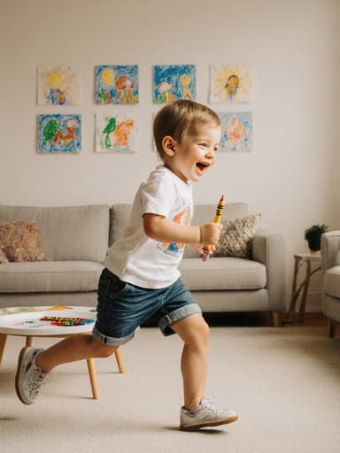 귀엽고 사랑스러운 3세 백인 남성이 편안한 티셔츠와 반바지를 입고, 즐거운 표정으로 활짝 웃으며 크레용을 들고 그림을 그리며 달리고 있는 풀 바디 샷입니다. 배경은 벽에 어린이 그림이 걸려 있는 밝고 아늑한 거실로, 생동감 넘치고 장난기 가득한 분위기를 연출하고 있습니다.