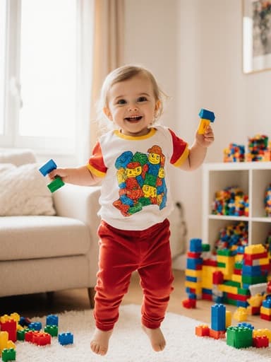 사랑스러운 1세 유럽계 여아가 아늑한 거실에서 레고 블록을 들고 즐겁게 점프하고 있는 모습의 전신 샷, 매력적인 미소와 화려한 의상이 돋보입니다.