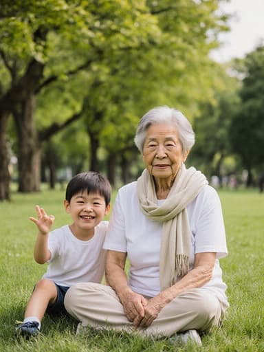 공원에 앉아 있는 80세 아시아계 여성의 반신 사진입니다. 편안한 복장을 한 그녀는 손자와 함께 있으며, 지루한 표정을 짓고 있습니다. 손자는 카메라를 향해 웃고 있으며, 푸르른 나무와 넓은 잔디밭이 배경을 이루고 있습니다.
