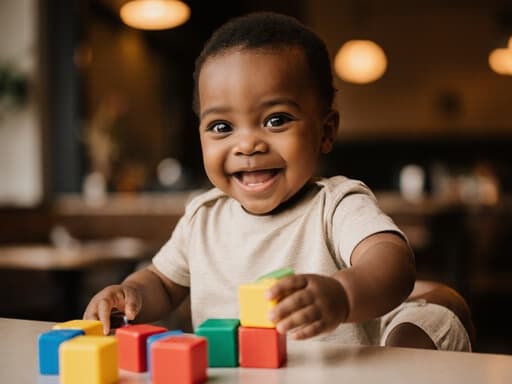 아프리카계 1세 남아가 아늑한 카페에서 테이블 위에 놓인 색색의 블록을 쌓으며 즐거워하는 모습의 반신 사진. 편안한 티셔츠와 반바지를 입고 있으며, 반짝이는 눈과 밝은 미소를 지으며 따뜻한 조명 속에서 아늑한 분위기를 자아내고 있습니다.