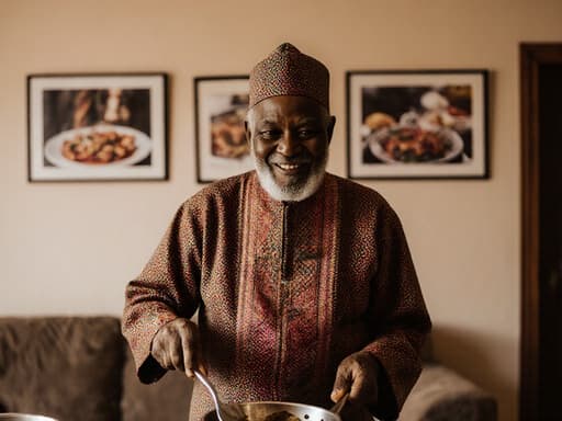 70대의 흑인 남성이 자연스러운 외모로 고마운 표정을 지으며 요리 도구를 들고 전통적인 아프리카 요리를 준비하는 모습의 반신 촬영. 아늑한 거실의 배경에는 전통 음식 사진들이 걸려 있다.