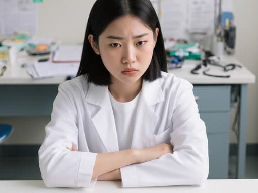 10대 초반의 동양인 여성 의사가 흰색 가운을 입고 간단한 티셔츠를 착용한 채 병원 사무실의 테이블에 앉아 팔짱을 끼고 화난 표정을 짓고 있습니다. 배경에는 진료기록과 의료기기가 놓여 있어 임상적인 분위기를 자아냅니다.