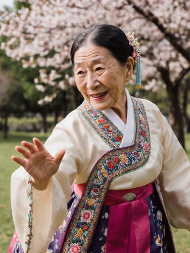 전통 한복을 입은 80대 혼혈 여성의 반신 사진으로, 아름다운 공원 배경에서 가벼운 춤을 추며 피곤함과 즐거움을 동시에 표현합니다.