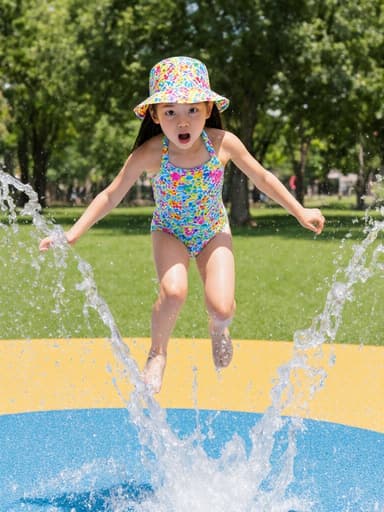 귀여운 7세 동양인 여성이 화려한 수영복과 모자를 쓰고 여름철 물놀이 시설에 뛰어들며, 물속에서 점프하는 모습이 담겨 있습니다. 그녀는 신나는 동시에 조금 두려운 표정으로 눈을 크게 뜨고 있으며, 주변은 나무와 잔디로 가득 찬 활기찬 공원입니다.