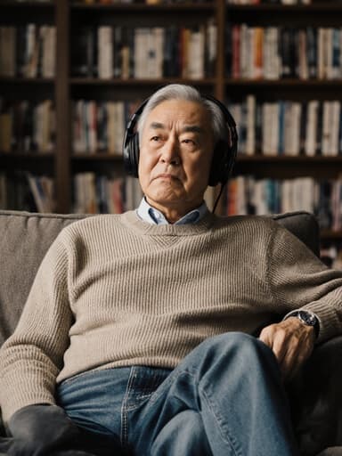 60대 한국인 남성이 편안한 니트와 청바지를 입고 조용한 도서관의 소파에 앉아 헤드폰을 쓰고 음악에 몰입하며 찡그린 표정을 짓고 있습니다. 그의 주변에는 음악 관련 책들이 진열된 서가가 있습니다.
