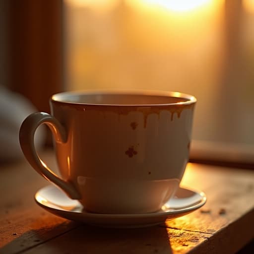 세밀한 결점이 있는 세라믹 머그컵의 클로즈업, 표면에 반사된 따뜻한 황금빛, 부드러운 그림자, 자연광, 아늑한 환경에서 저녁 노을이 배경을 밝히며 깊이 효과를 연출, 따뜻하고 매력적
