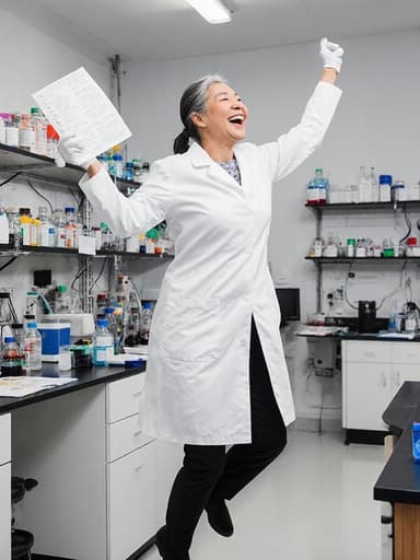 60대 아시아계 여성의 전신 사진. 실험실 가운을 입고 연구 결과물을 손에 들고 기쁘게 점프하고 있는 모습입니다. 배경은 최신 장비와 화학 물질로 가득한 현대적인 실험실로, 과학적 성취와 긍정적인 분위기를 전달합니다.