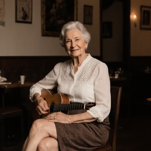 따뜻하고 매력적인 장면으로 70대 유럽계 여성이 전통 의상을 입고 아늑한 카페에 앉아 악기를 들고 따뜻하게 미소 짓고 있으며, 배경에서는 전통 음악 공연이 진행되고 있습니다.