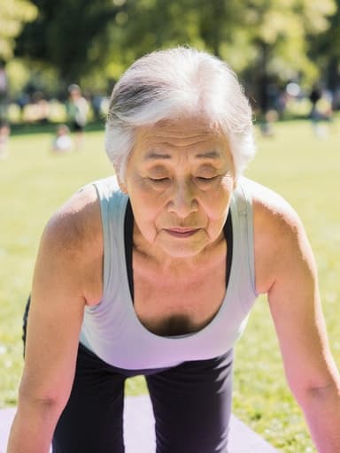 70대 아시아계 여성의 반신 샷으로, 편안한 요가복을 착용하고 있습니다. 그녀는 요가 자세를 취하고 있지만 약간의 불편한 표정을 짓고 있습니다. 햇살이 비치는 공원에서 가족과 함께 하는 듯한 배경 속에서 요가 연습의 어려움을 겪고 있는 모습입니다.