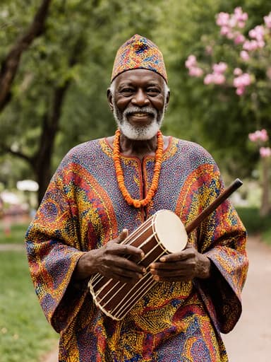 70대 아프리카계 남성이 화려한 전통 아프리카 의상을 입고 평온한 미소를 띠며 전통 악기를 들고 푸르른 공원에서 걷고 있는 전신 샷입니다. 배경에는 푸른 나무와 꽃들이 어우러져 있으며, 그의 의상과 행복한 표정을 잘 어우러지게 하는 조화로운 분위기를 만들어냅니다.