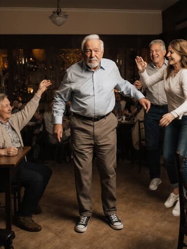 80대 백인 남성이 편안한 옷을 입고 가족과 함께 따뜻한 카페에서 점프하려 하지만, 그의 표정은 지루해 보이는 모습의 전체적인 사진입니다.