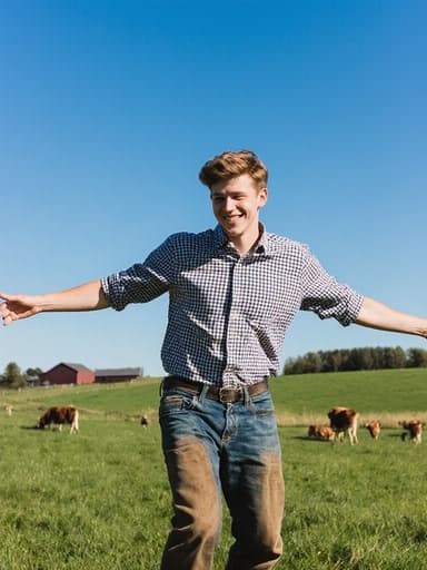 자신감 넘치는 10대 후반 백인 남성이 편안한 체크무늬 셔츠와 작업용 청바지를 입고, 팔을 벌리고 경쾌하게 춤추는 모습이 포착되었습니다. 배경은 푸르고 아름다운 농장 풍경으로, 무성한 들판과 목초지가 펼쳐져 있습니다.