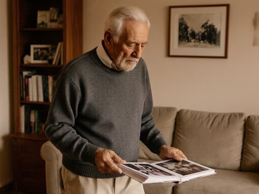 80대의 혼혈 남성이 편안한 회색 스웨터와 면바지를 입고, 소파와 책장이 있는 아늑한 거실에서 가족 사진 앨범을 들고 지루한 표정으로 바라보는 반신샷입니다. 따뜻한 분위기가 장면의 향수를 더해줍니다.