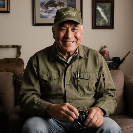 40대의 자신감 넘치는 라틴계 남성이 어업에 적합한 작업복을 입고 어업 장비를 손에 쥐고 아늑한 거실에 앉아 있습니다. 그의 자연스러운 미소와 편안한 자세는 어업에 대한 전문성과 열정을 느끼게 합니다.