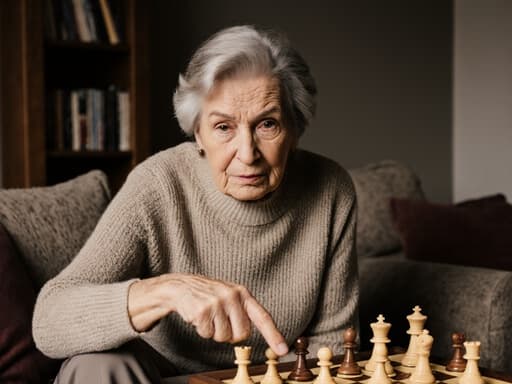 70대 혼혈 여성이 편안한 니트 스웨터와 스타일리시한 슬랙스를 입고, 체스판을 가리키며 약간 불안한 표정을 짓고 있는 반신 사진. 아늑한 거실 배경에는 소파와 책장이 있습니다.